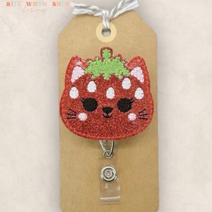 Strawberry Cat Badge Reel, Fruit Badge Clip, Berry Kitty Badge Holder, Nurse Badge Reel, Teacher Lanyard, Retractable ID Badge Holder
