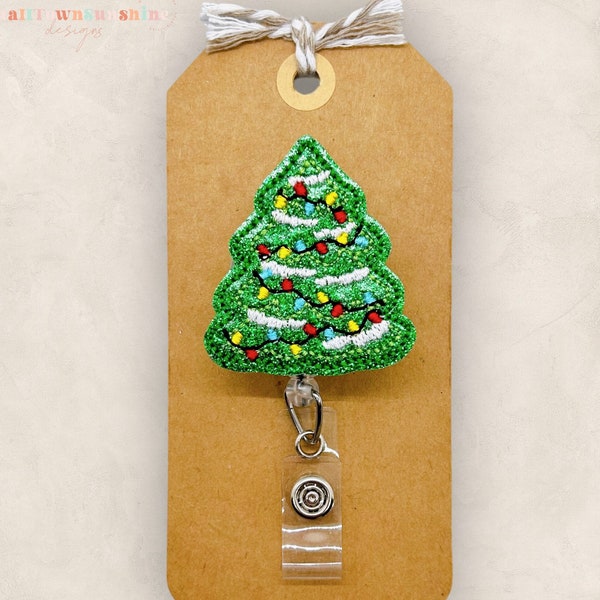 Christmas Tree Badge Reel, Tree with Lights Badge Holder, Nurse Badge Reel, Teacher Lanyard, Coworker Gift, Retractable ID Holder | GLITTER