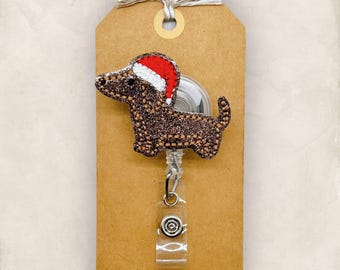 Dachshund Santa Badge Reel, Christmas Dog Badge Reel, Nurse Badge Reel, Teacher Lanyard, Retractable ID Holder, Coworker Gift | GLITTER