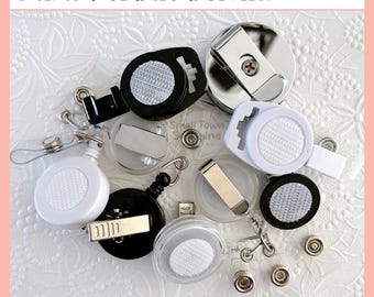 Interchangeable Badge Reels: MRI Safe, Stationary Pinch Clip, Heavy Duty, Breakaway Lanyard, Alligator Swivel, Belt Clip, Non-Retractable