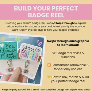 The image is a promotional poster for a badge reel customization service. It features a hand holding a badge reel with a colorful design, along with text providing information about the service.
