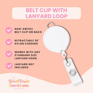 K&ouml;nnte beinhalten: Ein wei&szlig;er, runder, einziehbarer Ausweishalter mit G&uuml;rtelclip auf der R&uuml;ckseite und einer Schlaufe f&uuml;r ein Schl&uuml;sselband. Der Text lautet: BELT CLIP WITH LANYARD LOOP, NON-SWIVEL BELT CLIP ON BACK, RETRACTABLE 91,44 CM NYLON CORDING.