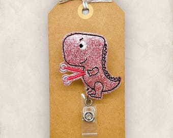 OT Dino Badge Reel, Pink Dinosaur Badge, Nurse Badge Clip, Teacher Lanyard, Employee Badge, Coworker Gift, Retractable ID Holder | GLITTER