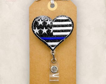 Thin Blue Line Badge Reel, Back the Blue, Police Badge, Nurse Badge Clip, Teacher Lanyard, Coworker Gift, Retractable ID Holder | GLITTER