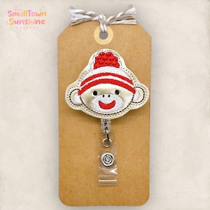 Red Sock Monkey Face Badge Reel, Pediatric Badge Reel, Nurse Badge Clip, Teacher Lanyard, Coworker Gift, Badge Buddy, Retractable ID Holder