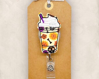 Sugar Skull Latte Badge Reel, Halloween Badge Reel, Nurse Badge Clip, Teacher Lanyard, Badge Buddy, Coworker Gift, Retractable ID Holder