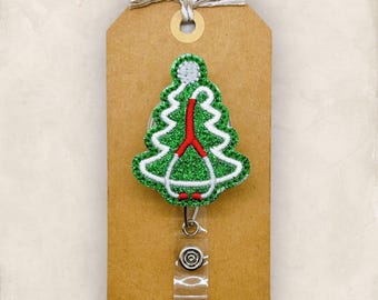 Stethoscope Tree Badge Reel, Christmas Tree Badge Reel, Nurse Badge Clip, Medical Lanyard, Coworker Gift, Retractable ID Holder | GLITTER