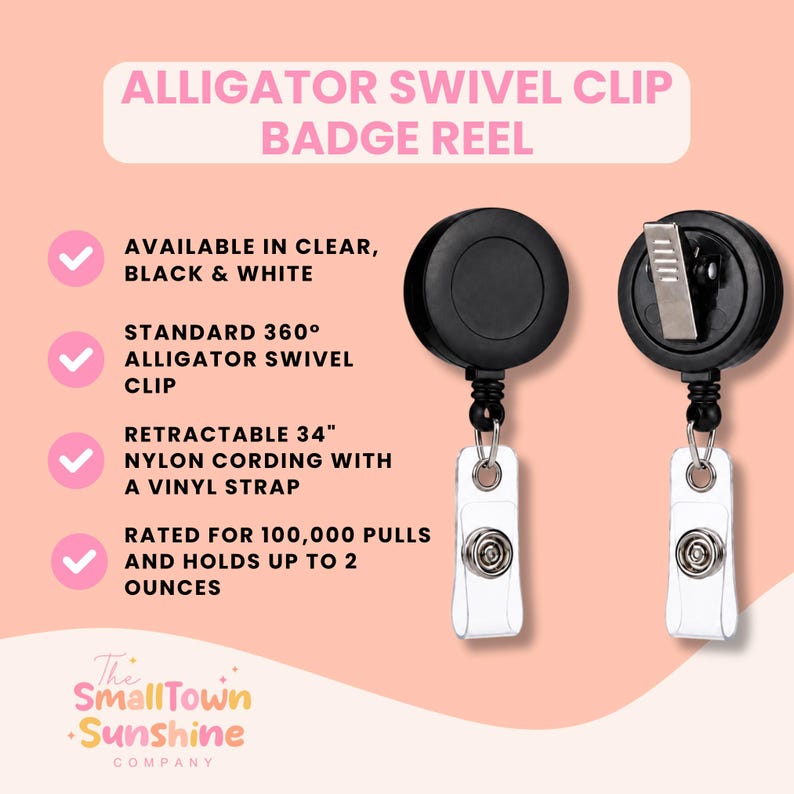 K&ouml;nnte beinhalten: Zwei schwarze Ausweishalter mit Alligator-Drehclip, 86,36 cm einziehbarem Nylonschnur und transparentem Vinylband. Text: ALLIGATOR SWIVEL CLIP BADGE REEL, AVAILABLE IN CLEAR, BLACK & WHITE, STANDARD 360&deg; ALLIGATOR SWIVEL CLIP, RETRACTABLE 86.36 CM NYLON CORDING WITH A VINYL STRAP, RATED FOR 100,000 PULLS AND HOLDS UP TO 56.7 GRAMS, The SmallTown Sunshine Company.