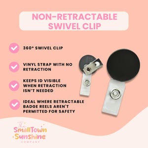The image is an advertisement for a non-retractable swivel clip. It features a close-up of the clip and highlights its features, such as a 360-degree swivel clip, a vinyl strap with no retraction, and a clear plastic cover that keeps the badge visible when not needed. The clip is ideal for situations where a badge is not permitted for safety reasons. The image is a part of a larger collection of images promoting the product.