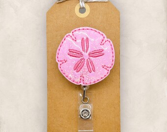 Pink Sand Dollar Retractable Badge Reel: Summer Beach ID Holder, Name Tag, Topper, Coworker Gift, Lanyard, MRI Safe, Heavy Dury Options