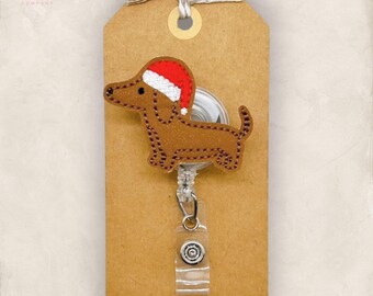 Santa Dachshund Badge Reel, Christmas Dog Badge Reel, Nurse Badge Clip, Teacher Lanyard, Retractable ID Holder, Badge Buddy, Coworker Gift