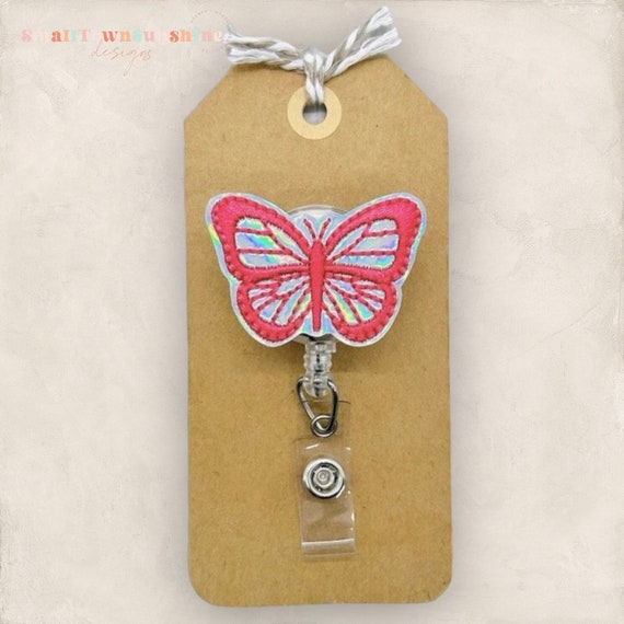 Bright Pink Butterfly Badge Reel, Holographic Butterfly Badge