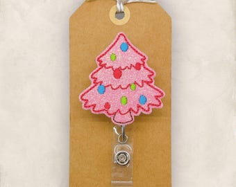 Pink Christmas Tree Badge Reel, Tree with Lights Name Tag, Nurse Badge Clip, Teacher Lanyard, Coworker Gift, Retractable ID Holder | GLITTER