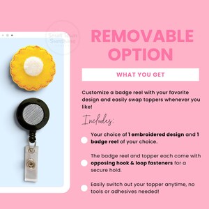 The image is a pink advertisement for a customizable badge reel, featuring a yellow flower-shaped badge and a black badge reel. The ad highlights the "Removable Option" and provides details about the product, including the choice of embroidered design and the secure hold provided by the hook and loop fasteners.