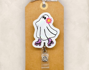 Roller Skating Ghost Badge Reel, Retro Halloween Badge Reel, Nurse Badge Clip, Teacher Lanyard, Coworker Gift, Retractable ID Badge Holder