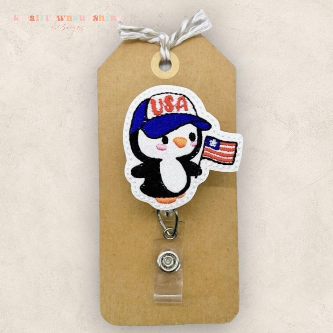 Patriotic Penguin Badge Reel, July 4th Badge Clip, Nurse Badge