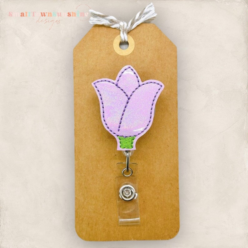 Purple Tulip Badge Reel, Tulip Badge Clip, Spring Flower Badge Clip, Nurses Badge Reel, Teacher Lanyard, Retractable ID Badge Holder image 1