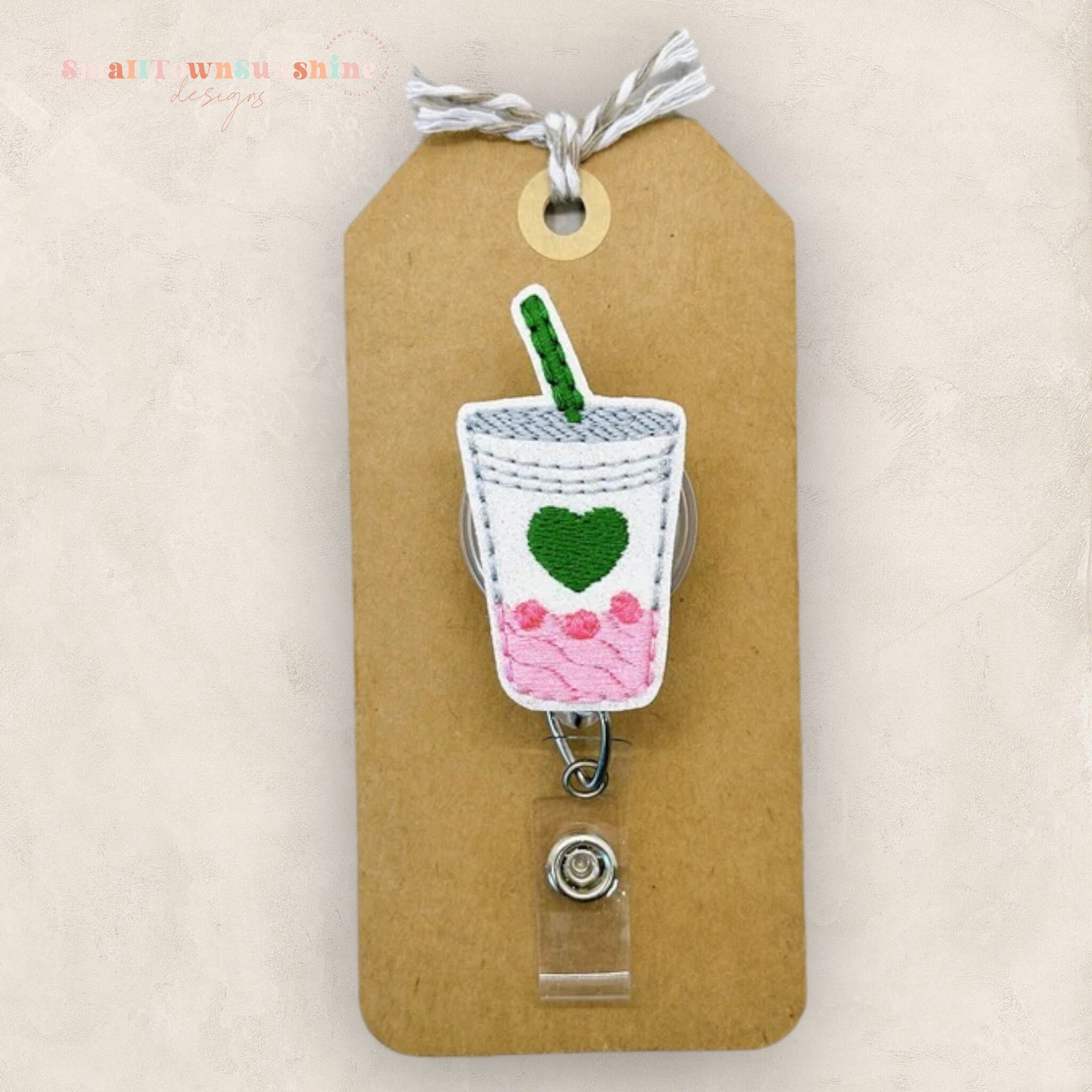 Strawberry Drink Badge Reel, Iced Pink Drink Badge Clip, Barista