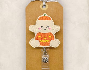 Pumpkin Baby Badge Reel, Halloween Badge, L & D Nurse Badge Clip, Daycare Lanyard, Coworker Gift, Interchangeable, Retractable ID Holder