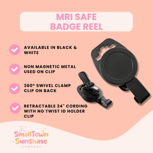 K&ouml;nnte beinhalten: Ein schwarzer, MRT-sicherer Ausweishalter mit einer 61 cm langen, einziehbaren Schnur und einem um 360 Grad drehbaren Clip auf der R&uuml;ckseite. Der Text lautet: MRI SAFE BADGE REEL, AVAILABLE IN BLACK & WHITE, NON MAGNETIC METAL USED ON CLIP, 360 SWIVEL CLAMP CLIP ON BACK.