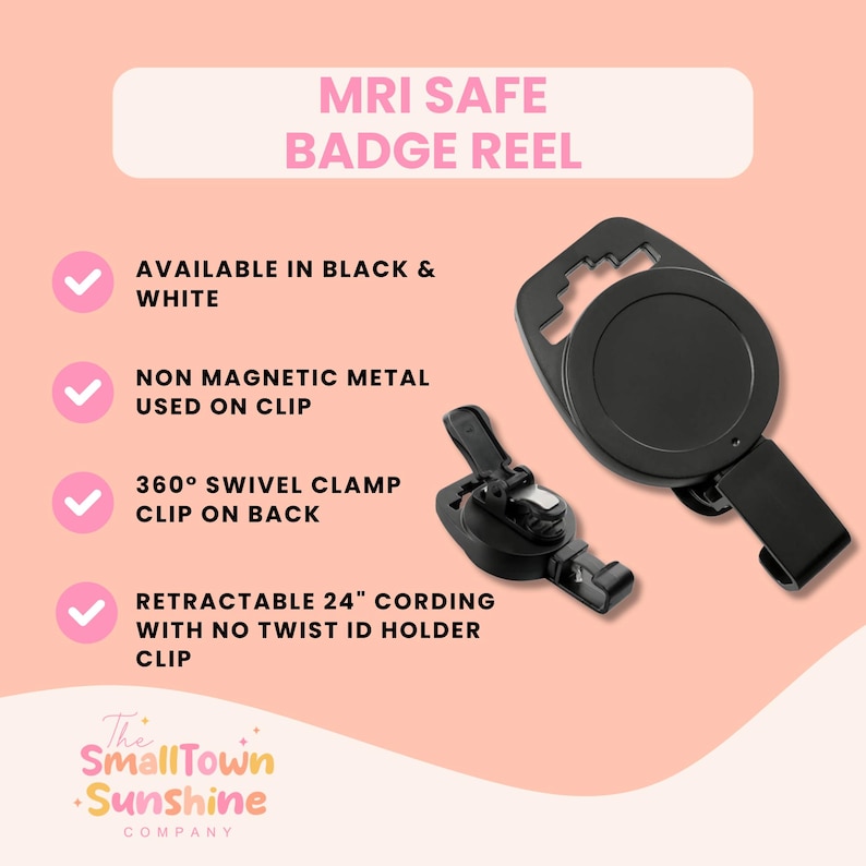 K&ouml;nnte beinhalten: Ein schwarzer, MRT-sicherer Ausweishalter mit einer 61 cm langen, einziehbaren Schnur und einem um 360 Grad drehbaren Clip auf der R&uuml;ckseite. Der Text lautet: MRI SAFE BADGE REEL, AVAILABLE IN BLACK & WHITE, NON MAGNETIC METAL USED ON CLIP, 360 SWIVEL CLAMP CLIP ON BACK.