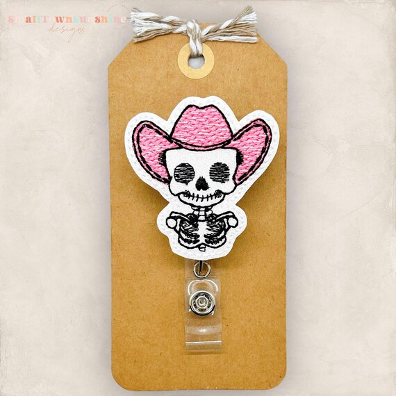 Skeleton Cowgirl Badge Reel, Western Halloween Badge Clip, Nurse Badge Reel, Teacher Lanyard, Retractable ID Holder, Badge Buddy | GLITTER