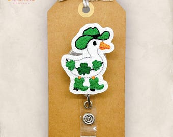 St Patrick’s Day Goose Badge Reel, Silly Western Goose, Nurse Badge Clip, Teacher Lanyard, Coworker Gift, Retractable ID Holder | GLITTER