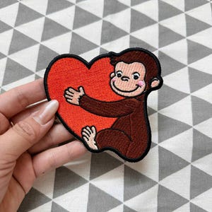 Embroidered Monkey Hugging Heart Patch, Applique for Jackets, Bags