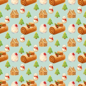 Könnte beinhalten: Ein sich wiederholendes Muster auf hellblauem Hintergrund mit Illustrationen von braunen Baumkuchen, Lebkuchenhäusern, grünen Weihnachtsbäumen, Schneemännern mit roten Schals und Gläsern mit weißer Creme und roten Beeren.