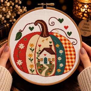 May include: A cross-stitch embroidery in a round wooden hoop featuring a large pumpkin design. The pumpkin is divided into vertical sections with red, cream, teal, and orange gingham patterns, decorated with flowers, hearts, and a house.