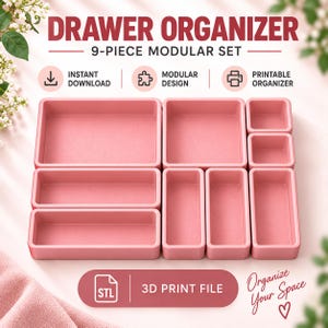 Può includere: Un set organizzatore per cassetti modulare da 9 pezzi in colore rosa tinta unita. Il set include vari vassoi rettangolari e quadrati. Il testo sull'immagine recita: DRAWER ORGANIZER, 9-PIECE MODULAR SET, INSTANT DOWNLOAD, MODULAR DESIGN, PRINTABLE ORGANIZER, 3D PRINT FILE.