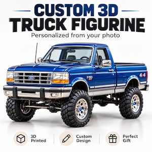 May include: A blue Ford F-150 XLT truck figurine with large off-road tires, chrome bumpers, and a 4x4 emblem. The text CUSTOM 3D TRUCK FIGURINE Personalized from your photo appears above, with 3D Printed, Custom Design, and Perfect Gift icons below.
