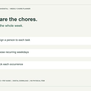 May include: A digital weekly chore planner interface with a light background and dark text. It displays the title Share the chores. See the whole week. and three task options: Assign a person to each task, Choose recurring weekdays, and Track each occurrence.