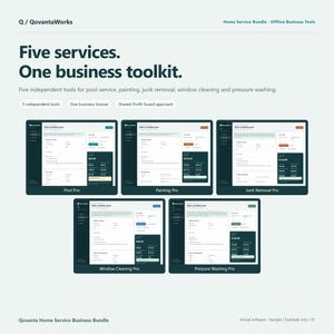 May include: A digital business toolkit titled QovantaWorks featuring five software interfaces for pool service, painting, junk removal, window cleaning, and pressure washing. The display shows five distinct dashboards with quote forms.