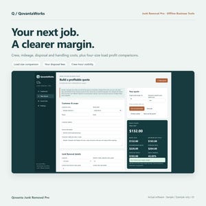 Op de afbeelding: Een digitale interface voor de QovantaWorks Junk Removal Pro-software, met een offerteformulier met velden voor klantgegevens, scope en details over afvalverwijdering, naast een calculator voor winstmarges en financiële gegevens.