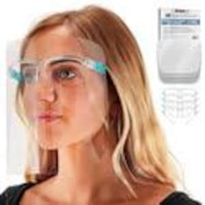 May include: A clear plastic face shield with teal-colored eyeglass-style frames. The shield covers the front of the face and is shown alongside a product package and a stack of four additional frames, providing full facial coverage protection.