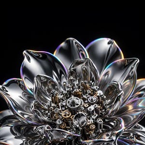 May include: A metallic flower sculpture with reflective silver petals that appear to be melting at the edges. The center of the flower is composed of a complex arrangement of small brass and silver mechanical gears and clockwork components.