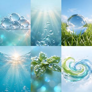May include: A collage of six images featuring water elements: clear bubbles on a surface, rising air bubbles in blue water, a glass sphere reflecting the sky in green grass, sunlight rays underwater, water droplets on green leaves, and a swirling liquid.