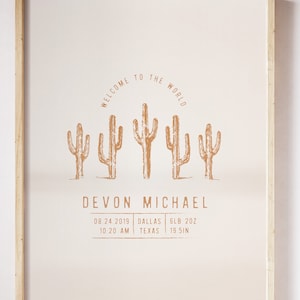 Custom Baby Birth Stats, Cactus Nursery Wall Art, Southwest Nursery Prints, Desert Nursery Art, Baby Stats Sign, Boho Cactus Nursery Art