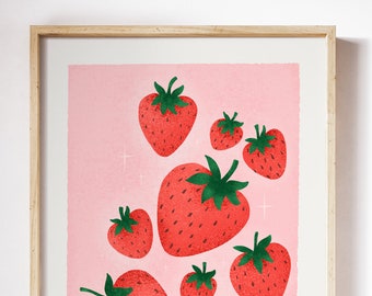 Retro Strawberry Art Print | Strawberries Nursery Art | Kids Room Wall Art | Kids Bedroom | Playroom Art | Fruit Art