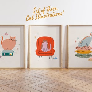 Set of 3 Cat Art Prints, Kids Gallery Wall, Playroom Wall Art, Kitten Illustrations, Playroom Decor, Cat Art Poster, Cat Themed Decor