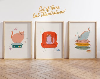 Set of 3 Cat Art Prints, Kids Gallery Wall, Playroom Wall Art, Kitten Illustrations, Playroom Decor, Cat Art Poster, Cat Themed Decor