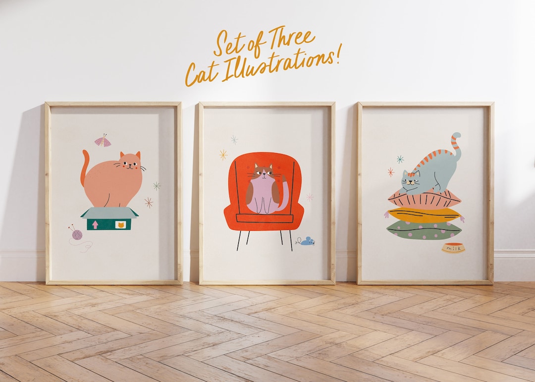 Set of 3 Cat Art Prints, Kids Gallery Wall, Playroom Wall Art, Kitten ...