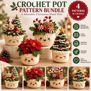 May include: A crochet pot pattern bundle featuring four Christmas-themed plant pots with smiling faces. The designs include a reindeer with a tree, candy canes, a poinsettia, and a decorated Christmas tree. Text includes CROCHET POT PATTERN BUNDLE.
