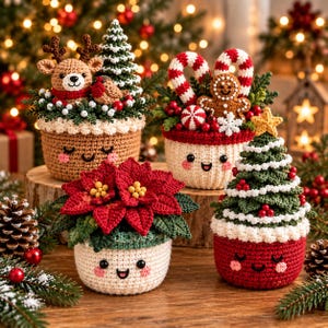 May include: Four crocheted decorative pots featuring smiling faces and rosy cheeks. One pot holds a reindeer and tree, another a gingerbread man with candy canes, one a red poinsettia, and the last a green Christmas tree with red berries.