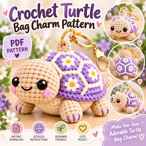 May include: A crochet turtle bag charm pattern featuring a beige turtle with a purple shell decorated with white and yellow daisy motifs. The turtle has black eyes, pink cheeks, and purple claw details. Includes a gold-tone metal keychain attachment.