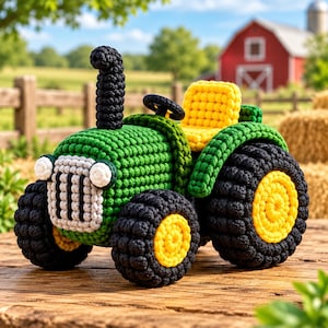 May include: A crochet tractor toy featuring a green body, a black exhaust pipe, a yellow seat, and large black wheels with yellow centers. The front of the tractor has a light gray grille and two small white circular headlights, all crafted with yarn.