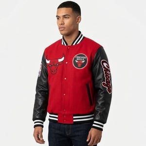 Chicago Bull Varsity Jacket Red Wool & Genuine Cowhide Leather Sleeves Embroidered Patch Letterman Bomber Jacket Men's Streetwear Gift