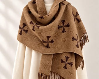Schal aus Bio-Wolle und Kaschmir für Damen, Fransen-Schal mit geometrischem Muster, warmer Winterschal, Abendschal für Hochzeitsgäste, Geschenkidee für Sie