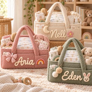Peut inclure: Trois paniers de rangement rectangulaires en tissu sherpa texturé, de couleur rose poudré, crème et vert sauge. Chaque panier présente un prénom personnalisé en écriture blanche, des appliques décoratives comme un arc-en-ciel, une fleur ou une lune.